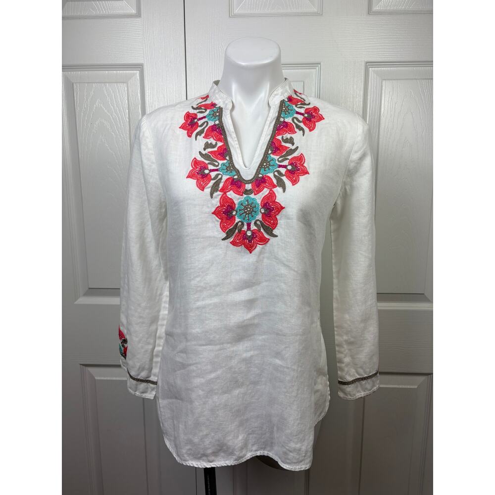 TSD Two Star Dog Women's 100% Linen White Embroidered Tunic Top Size Extra Small